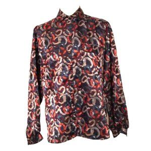Vintage Button Up Blouse, Glam Chain Link Print, Jaquard Fabric, Size Small